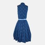 A traditional Bavarian Hammerschmid dirndl dress featuring a floral pattern on the bodice and a solid blue color for the skirt and bow.