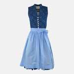 A traditional Bavarian Hammerschmid dirndl dress featuring a floral pattern on the bodice and a solid blue color for the skirt and bow.