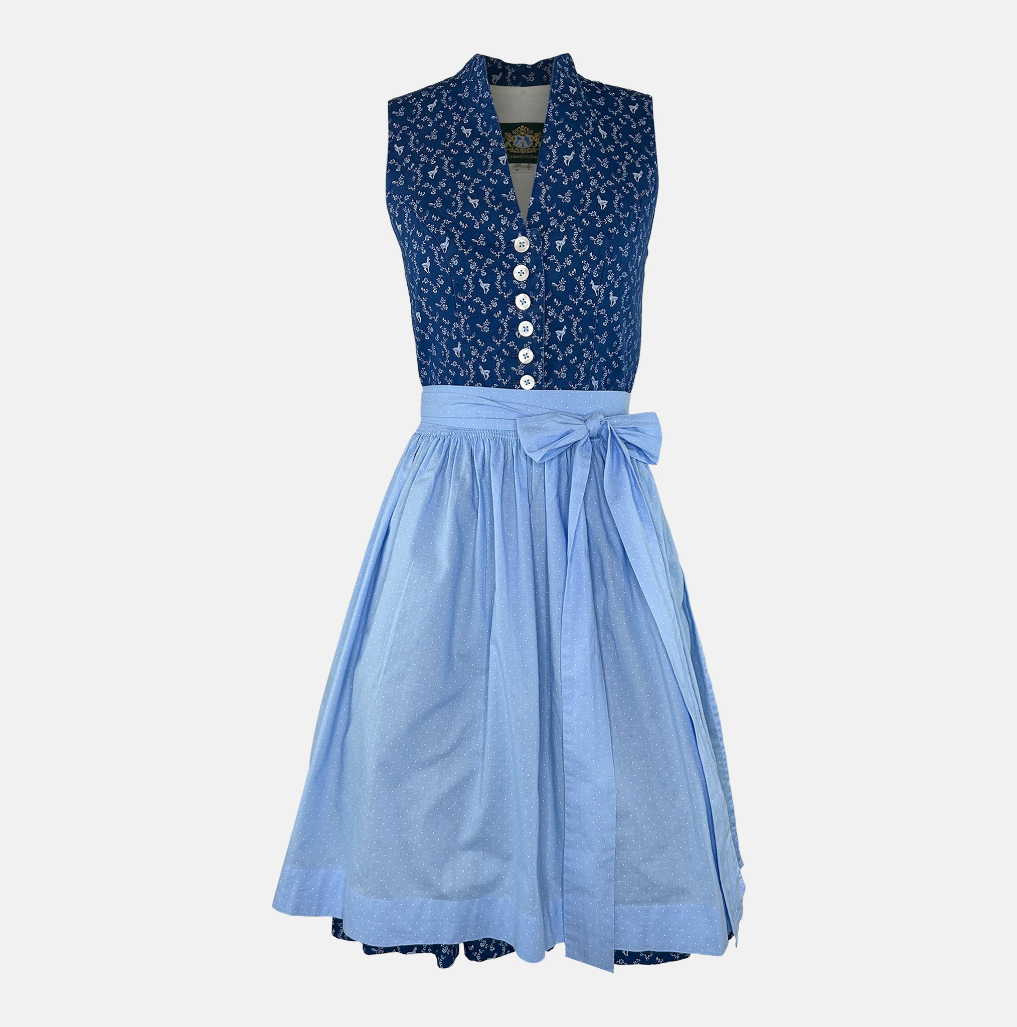 A traditional Bavarian Hammerschmid dirndl dress featuring a floral pattern on the bodice and a solid blue color for the skirt and bow.