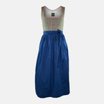 A traditional Hammerschmid Dirndl dress featuring a blue skirt with a floral pattern and a beige bodice with embroider
