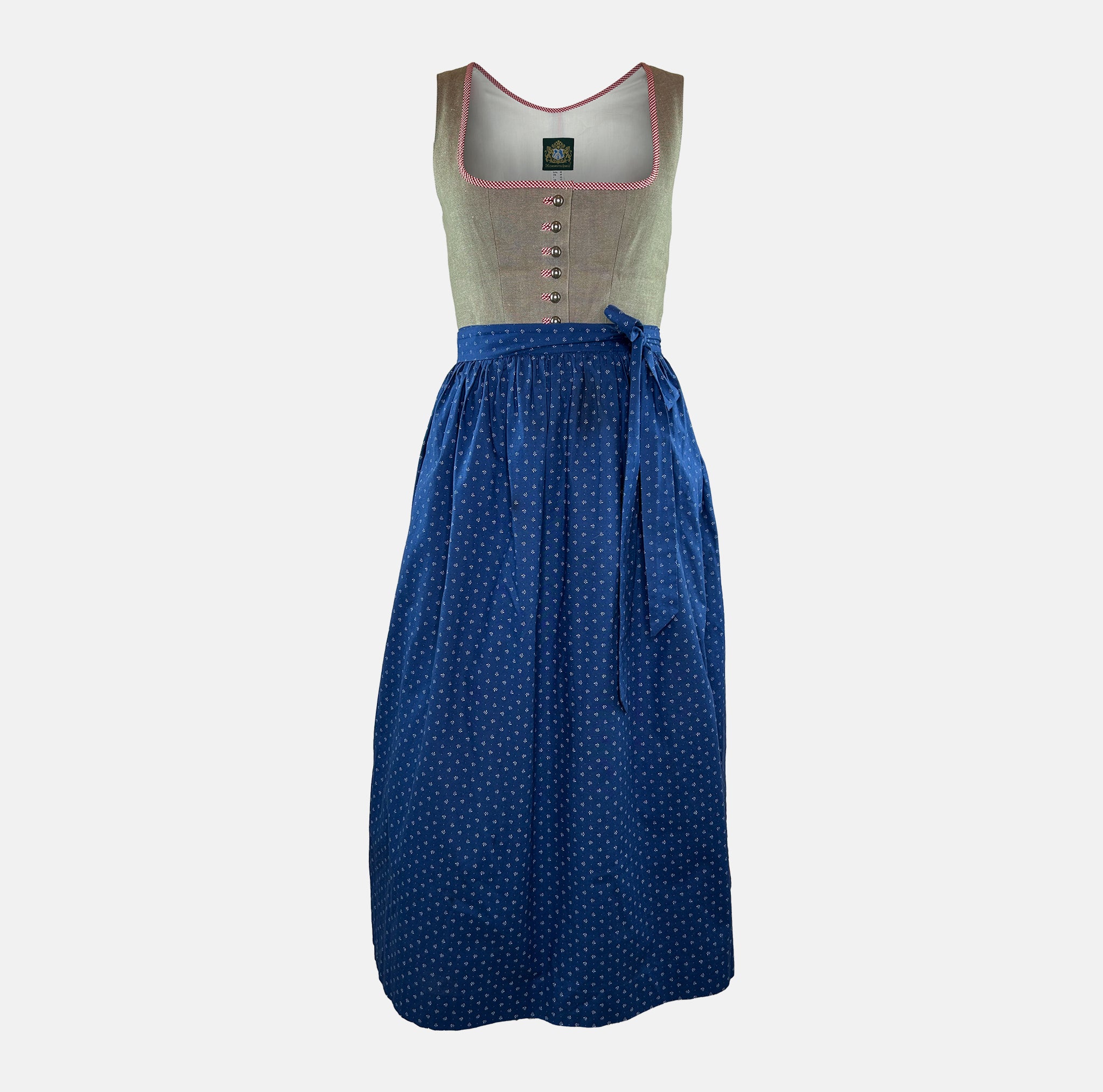 A traditional Hammerschmid Dirndl dress featuring a blue skirt with a floral pattern and a beige bodice with embroider