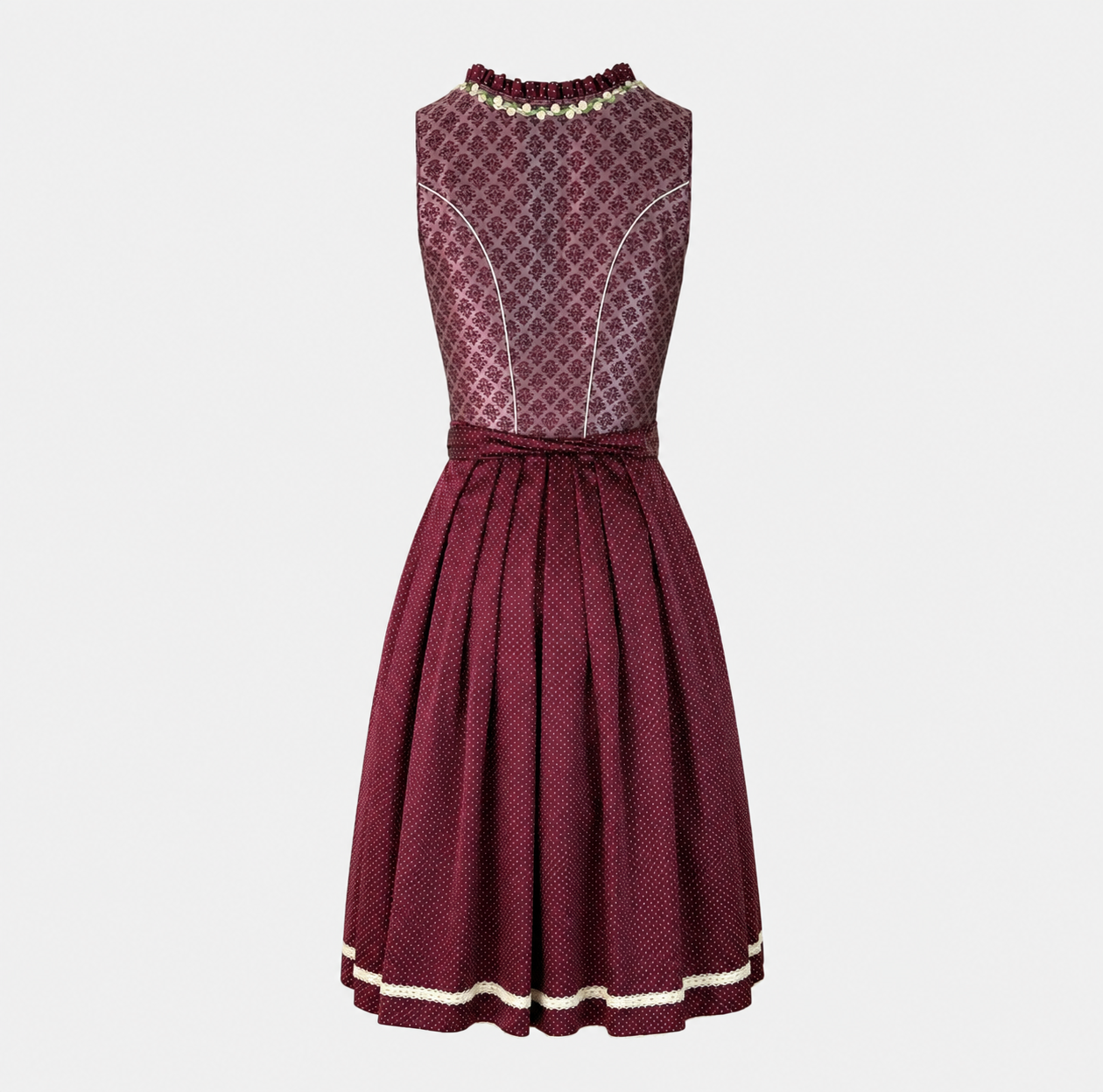 Rent the elegant Krüger dirndl dress Jean with plum bodice and champagne apron – available in Munich or online. Perfect for Oktoberfest and traditional events.