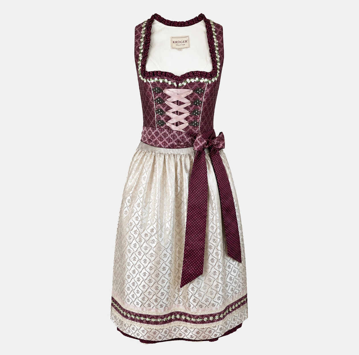 Rent the elegant Krüger dirndl dress Jean with plum bodice and champagne apron – available in Munich or online. Perfect for Oktoberfest and traditional events.