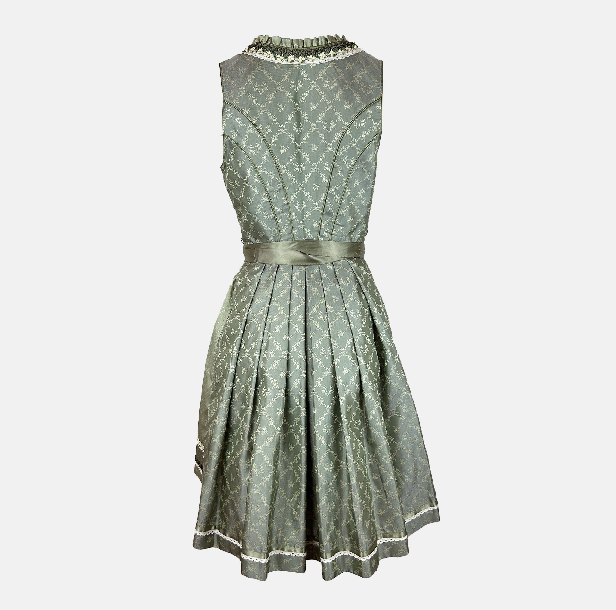 Green Krüger dirndl with lace-up bodice and 60 cm skirt – modern, stylish, and available for rent via Versatile.