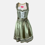 Green Krüger dirndl with lace-up bodice and 60 cm skirt – modern, stylish, and available for rent via Versatile.