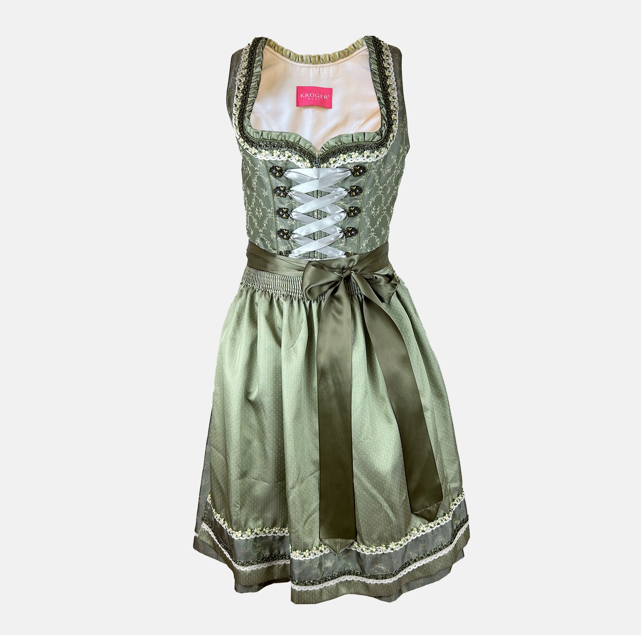 Green Krüger dirndl with lace-up bodice and 60 cm skirt – modern, stylish, and available for rent via Versatile.