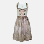 Krüger Bavarian rental dirndl with embroidered cream bodice, pink ribbon lacing, satin sash, and gold lace apron, available at Versatile OTM in Munich.