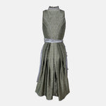 Green Krüger Collection Dirndl with silver corset lacing and embroidered silver tulle apron, available for rent on Versatile OTM.