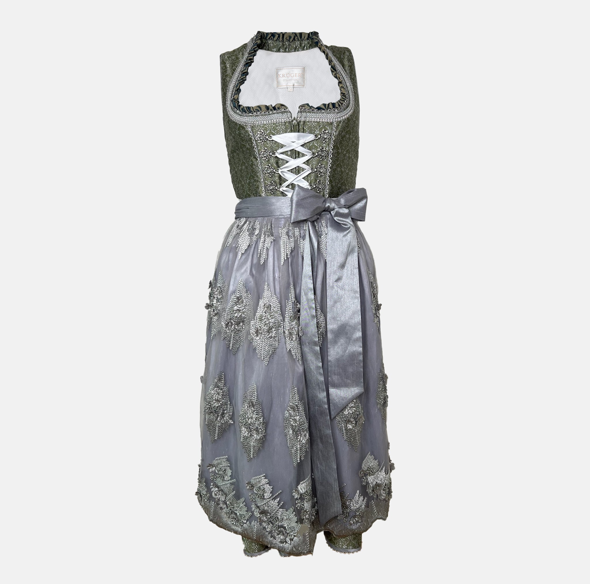 Green Krüger Collection Dirndl with silver corset lacing and embroidered silver tulle apron, available for rent on Versatile OTM.