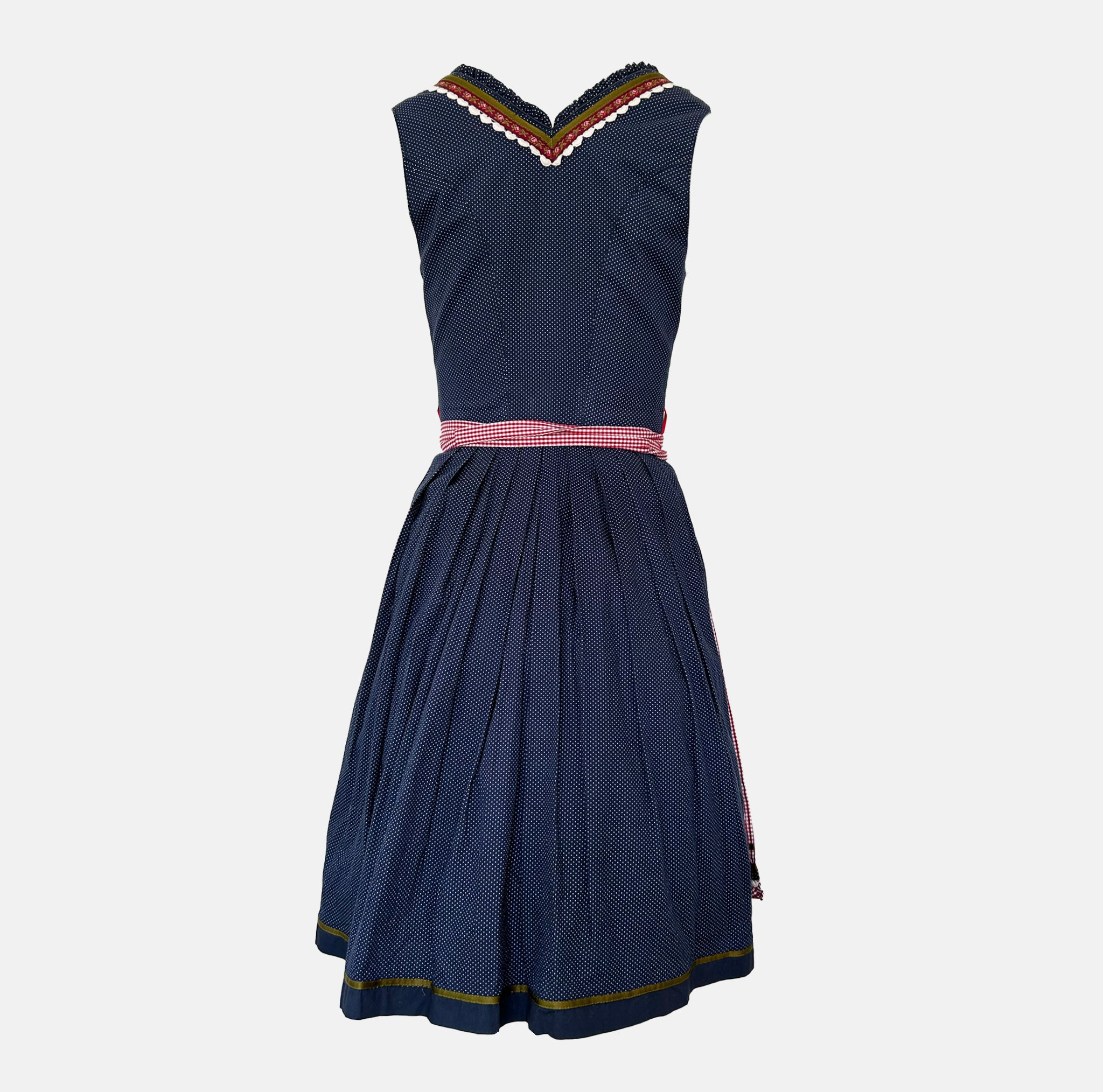 Rent Bavarian dirndl dress – navy and red traditional design with gingham apron and decorative trims, authentic Oktoberfest rental dirndl