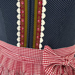 Versatile rental dirndl: traditional Bavarian dress with navy dotted bodice, red-white gingham apron and ribbon embroidery for Oktoberfest