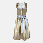 Natural and light-blue Krüger Toledo dirndl with heart-decorated apron, buttoned bodice, and midi-length skirt—timeless, festive elegance.