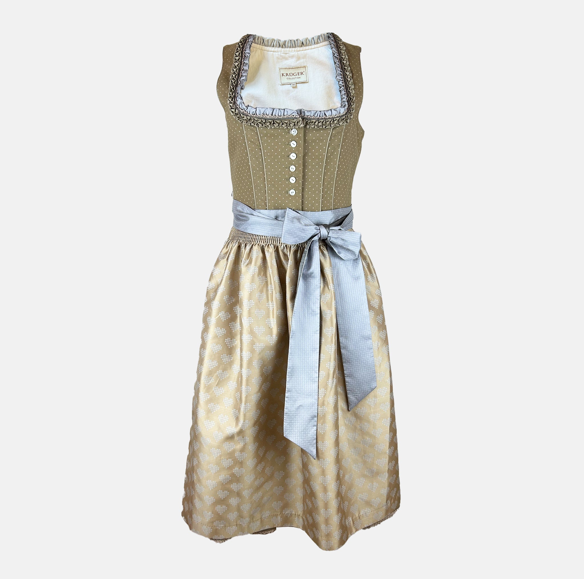 Natural and light-blue Krüger Toledo dirndl with heart-decorated apron, buttoned bodice, and midi-length skirt—timeless, festive elegance.
