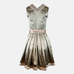 Krüger dirndl featuring an olive and taupe floral bodice, rose-gold ribbon lacing, and a mocha lace apron with white embroidered roses.