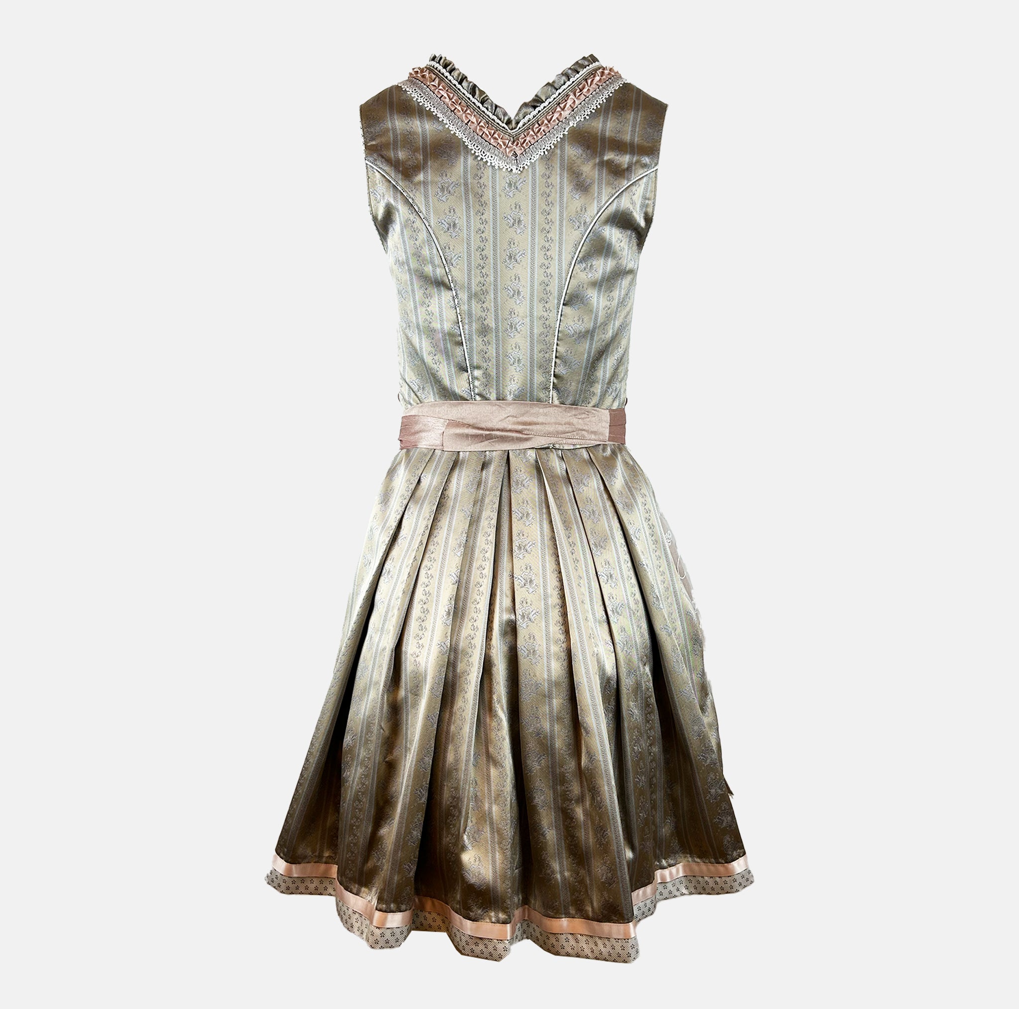 Krüger dirndl featuring an olive and taupe floral bodice, rose-gold ribbon lacing, and a mocha lace apron with white embroidered roses.