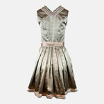 Back view of Krüger olive green Dirndl with ornamental striped fabric, V-shaped back neckline and taupe waist sash