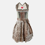 Krüger dirndl featuring an olive and taupe floral bodice, rose-gold ribbon lacing, and a mocha lace apron with white embroidered roses.