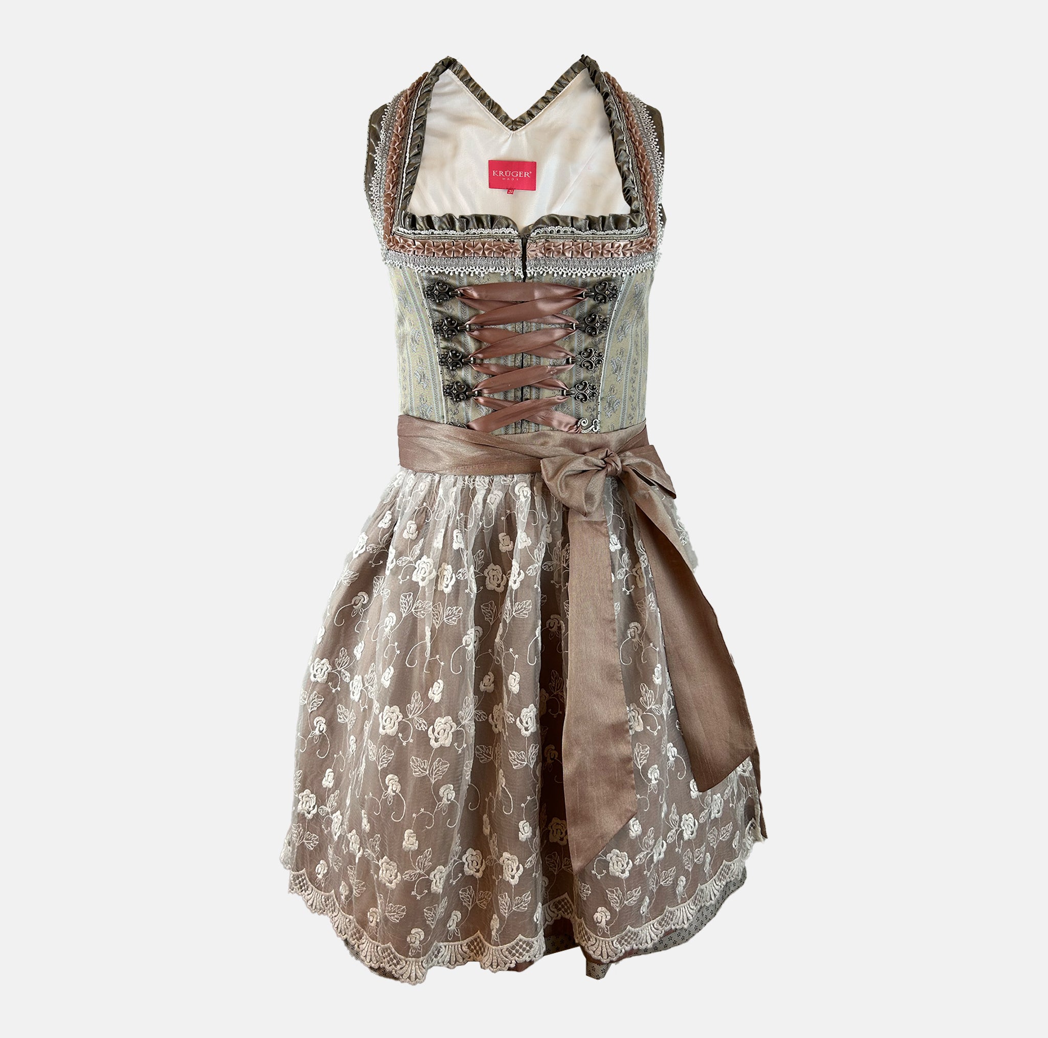 Krüger dirndl featuring an olive and taupe floral bodice, rose-gold ribbon lacing, and a mocha lace apron with white embroidered roses.