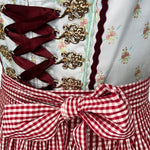 Dirndl dress by Krüger Madl featuring a light blue floral bodice, red gingham apron, and 60cm skirt with lace and ribbon accents.