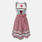 Dirndl dress by Krüger Madl featuring a light blue floral bodice, red gingham apron, and 60cm skirt with lace and ribbon accents.