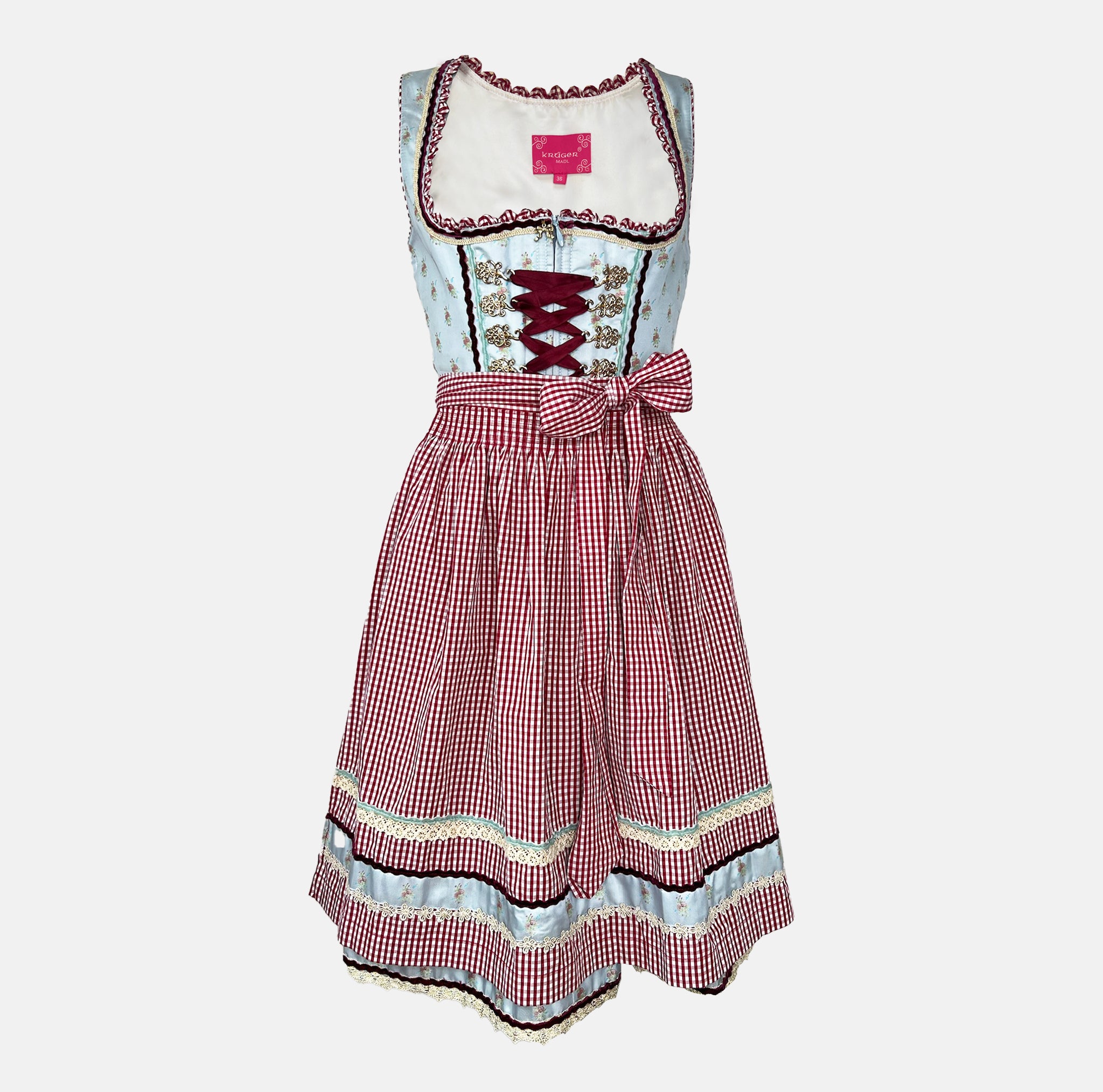 Dirndl dress by Krüger Madl featuring a light blue floral bodice, red gingham apron, and 60cm skirt with lace and ribbon accents.