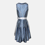 Elegant blue Krüger dirndl with silver apron, brocade bodice, and decorative lace details – available for rent at Versatile.