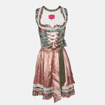 Krüger Madl Dirndl with aqua floral bodice, rosé satin skirt, green satin apron, and corset lacing. Mini 50 cm length—colorful and chic. Rent on Versatile!