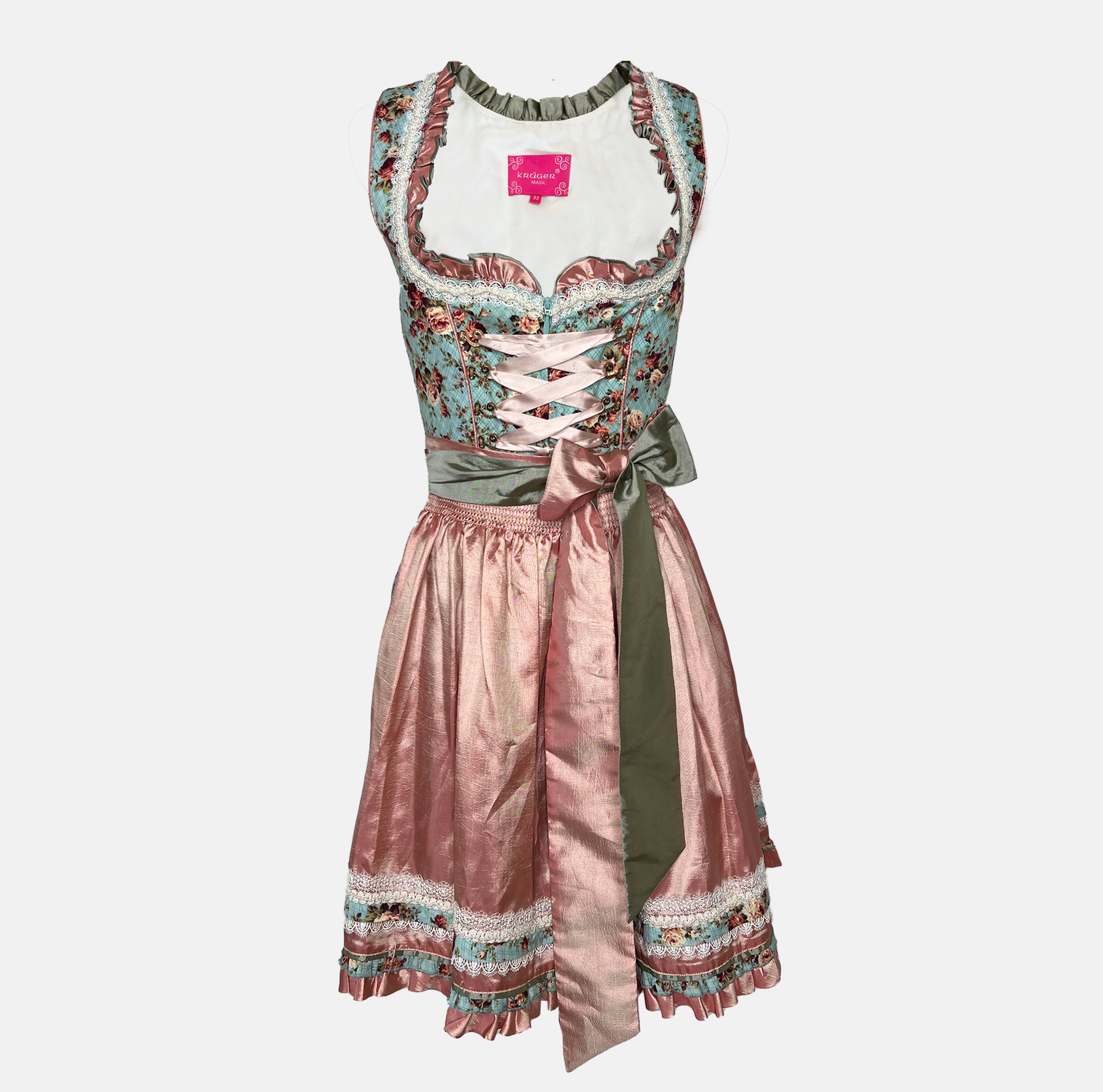 Krüger Madl Dirndl with aqua floral bodice, rosé satin skirt, green satin apron, and corset lacing. Mini 50 cm length—colorful and chic. Rent on Versatile!