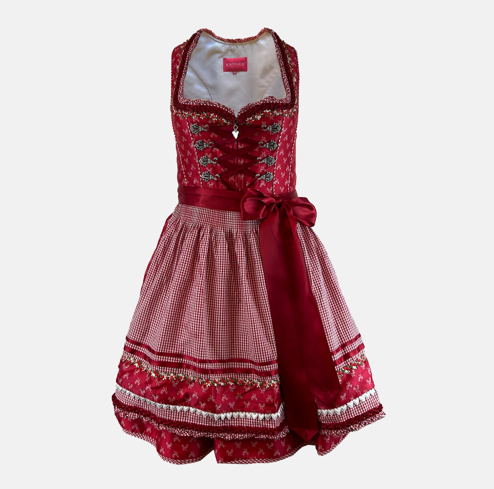 Red traditional Krüger Dirndl dress for rent in Munich at Versatile 