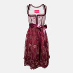 Burgundy Krüger dirndl with floral lace embroidery, satin ribbon bow, and decorative bodice – available for rent at Versatile OTM.