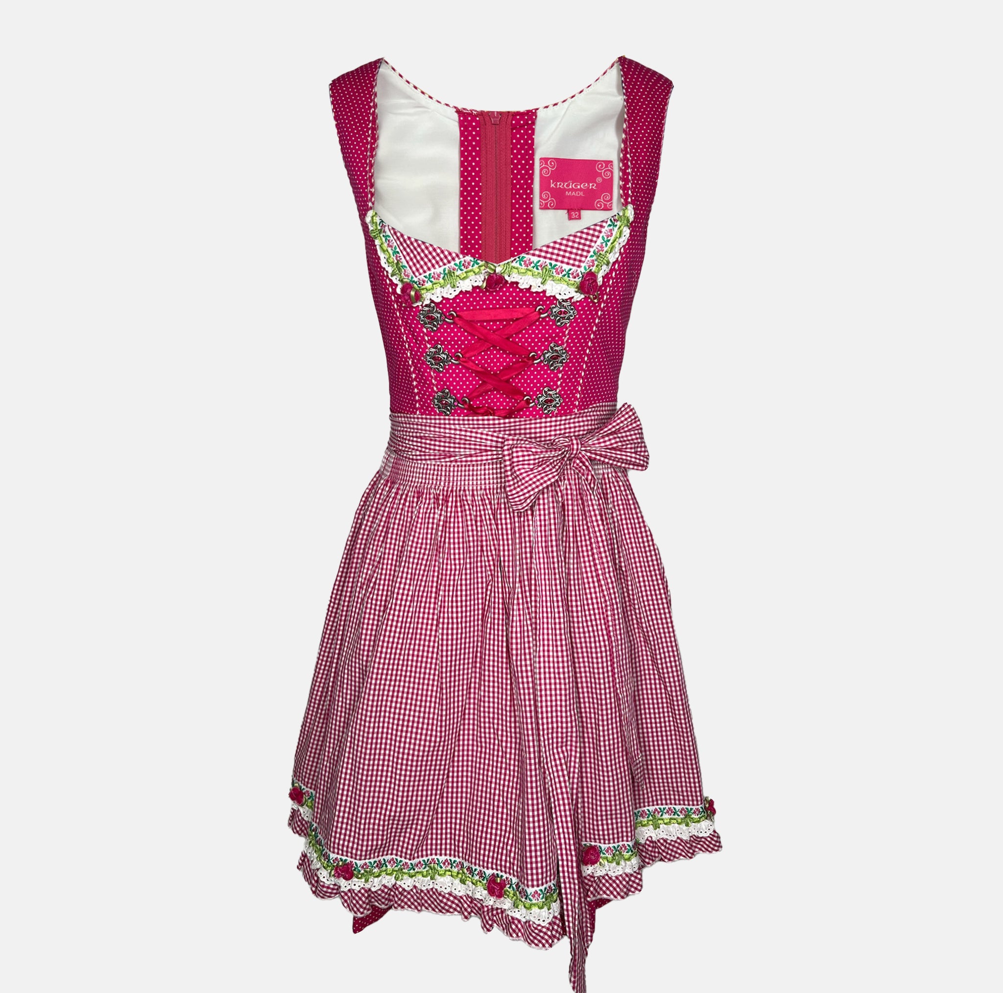 Versatile rental dirndl: Krüger pink dirndl with floral hem details and gingham apron, authentic Bavarian Oktoberfest dress