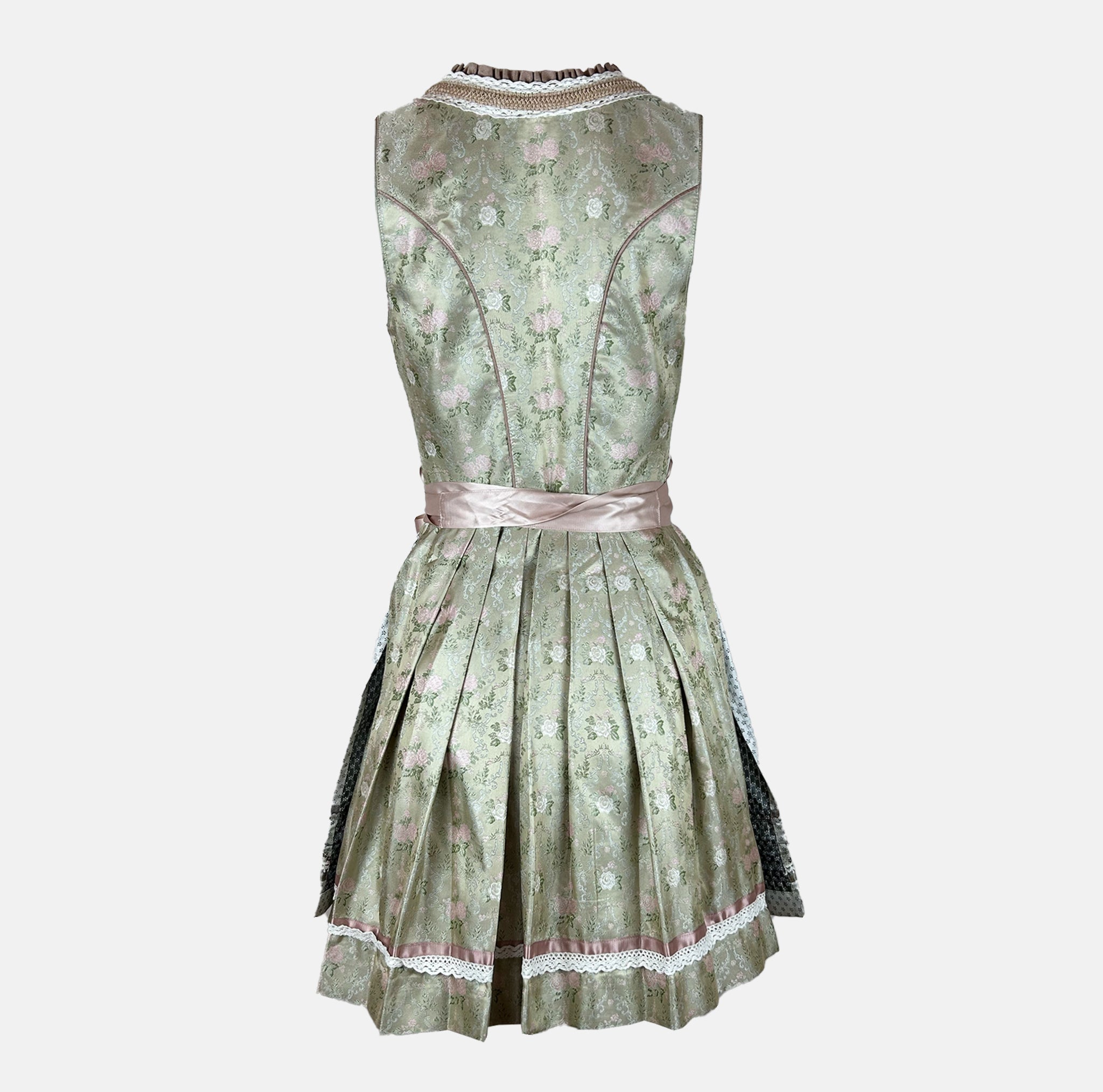 Pastel green Krüger Dirndl with satin ribbon and floral detailing – a refined and trendy option for Oktoberfest or chic celebrations.