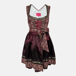 Krüger Dirndl in deep berry and burgundy tones with satin apron and intricate detailing, available for rent on Versatile OTM.