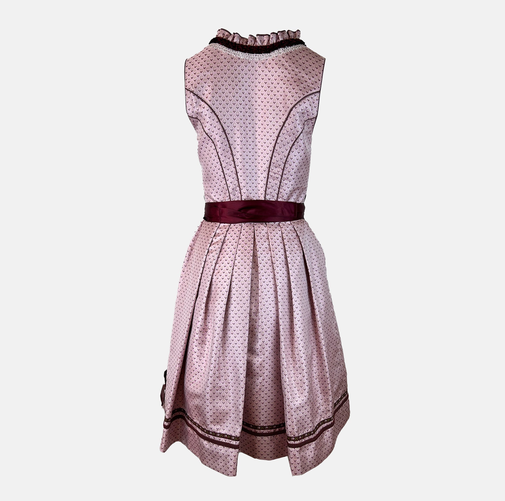 Elegant Krüger dirndl with pink bodice, burgundy lacing, and satin apron. Classic 60 cm length – available to rent in Munich or online.