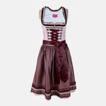 Elegant Krüger dirndl with pink bodice, burgundy lacing, and satin apron. Classic 60 cm length – available to rent in Munich or online.
