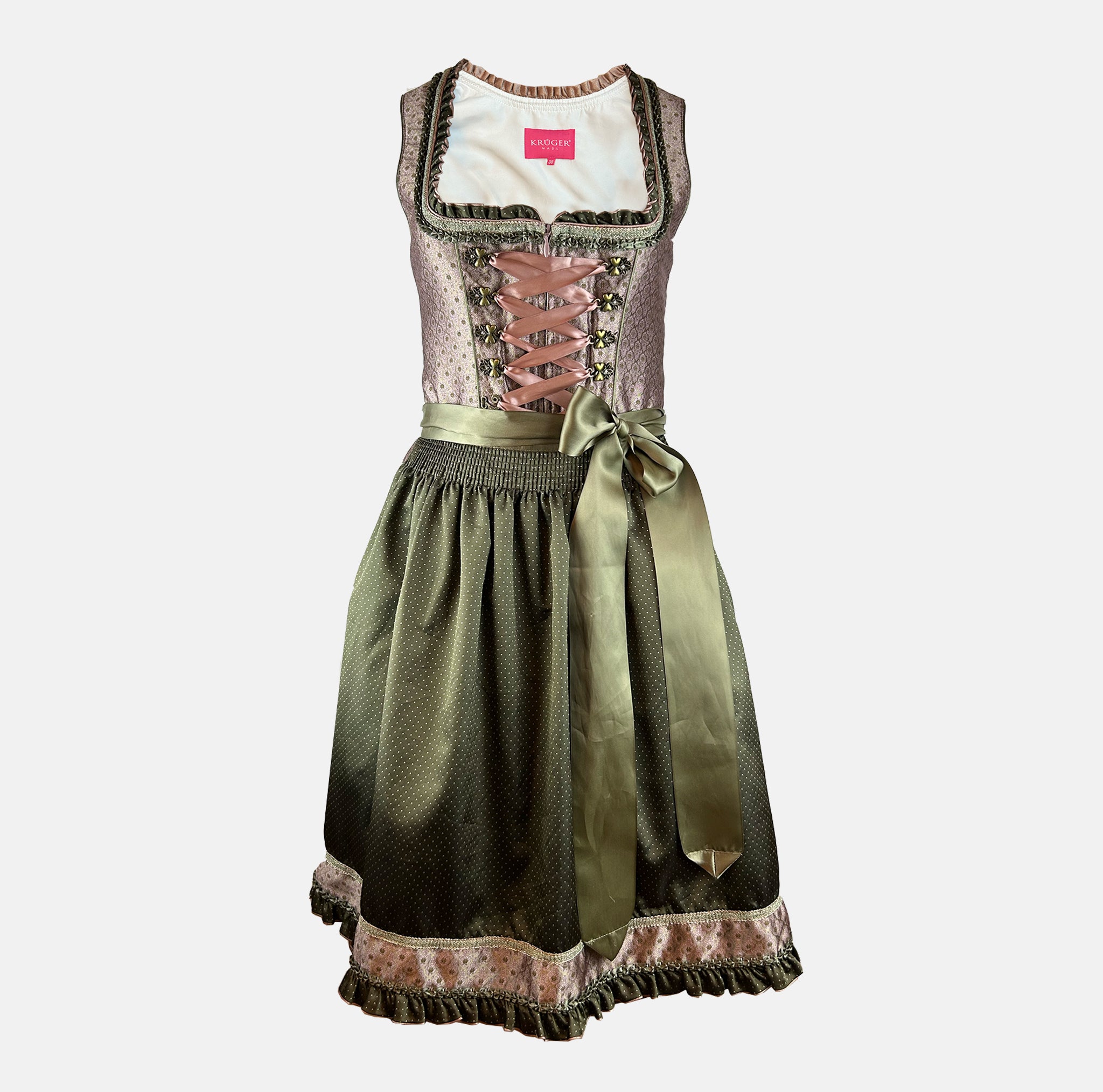 Traditional German dirndl dress by Krüger with a green apron for rent - online or in Munich