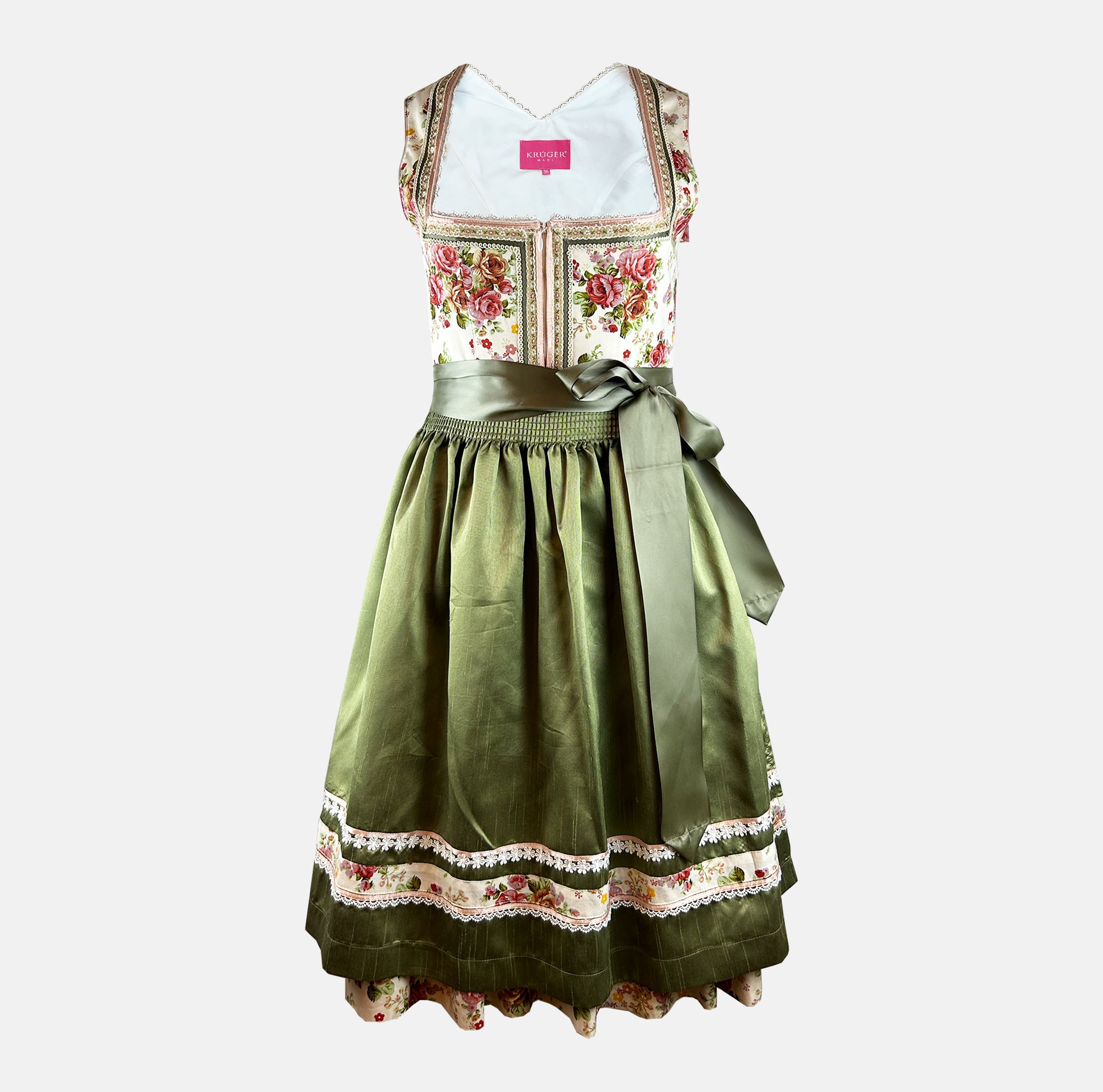 Krüger Madl pink-green midi dirndl with rose-patterned bodice and checked skirt for rent