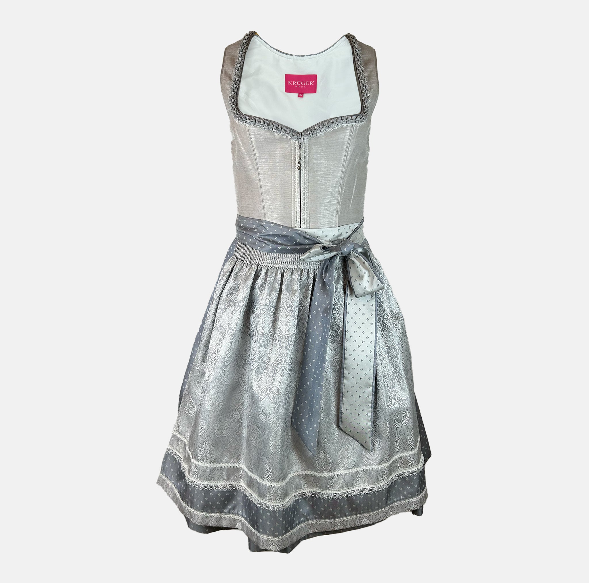 Elegant silver Krüger dirndl with lace details and patterned apron. Rent in Munich or online – perfect for Oktoberfest, weddings, and festive occasions.