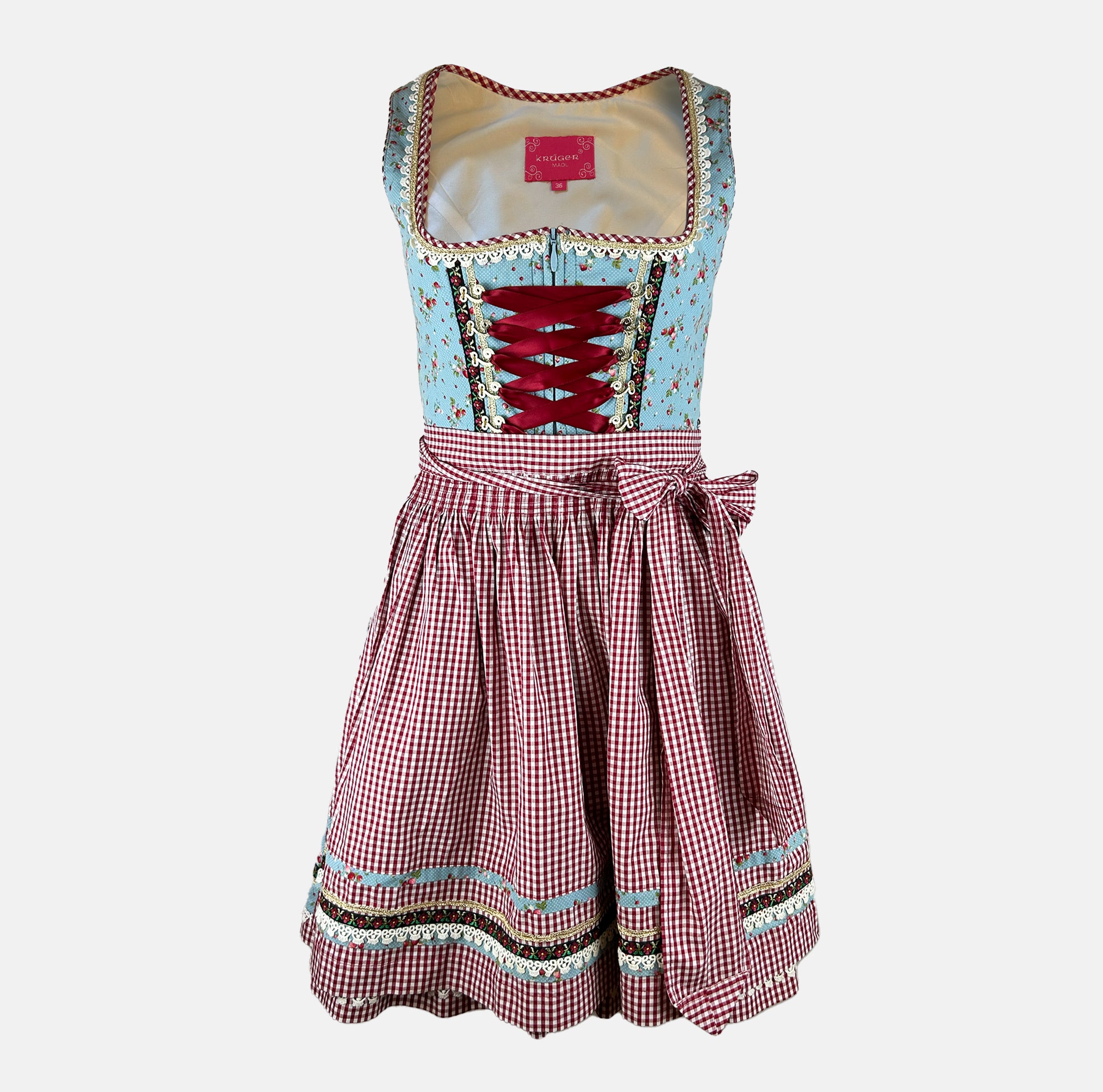 Krüger Madl strawberry-patterned mini dirndl with lace-up bodice and pockets for rent