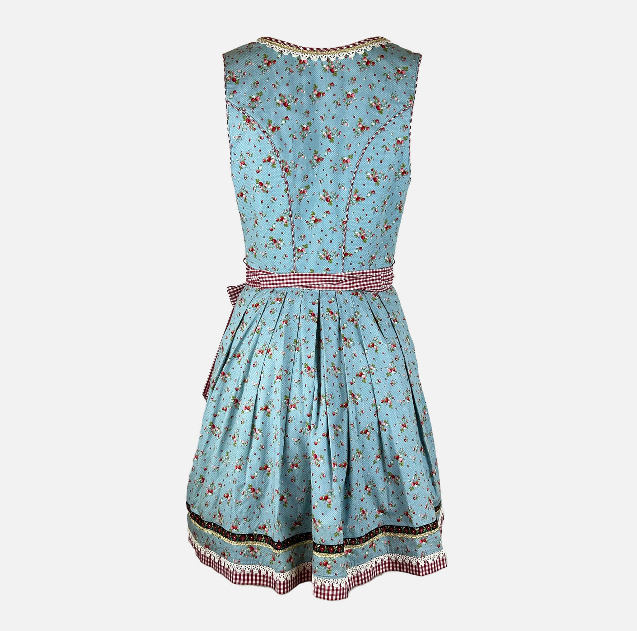 Krüger Madl strawberry-patterned mini dirndl with lace-up bodice and pockets for rent