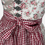 Rent floral Krüger Dirndl with red gingham apron, lace trim, and feminine details – ideal for Oktoberfest or stylish Bavarian celebrations.