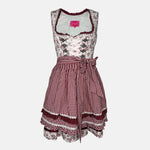 Rent floral Krüger Dirndl with red gingham apron, lace trim, and feminine details – ideal for Oktoberfest or stylish Bavarian celebrations.