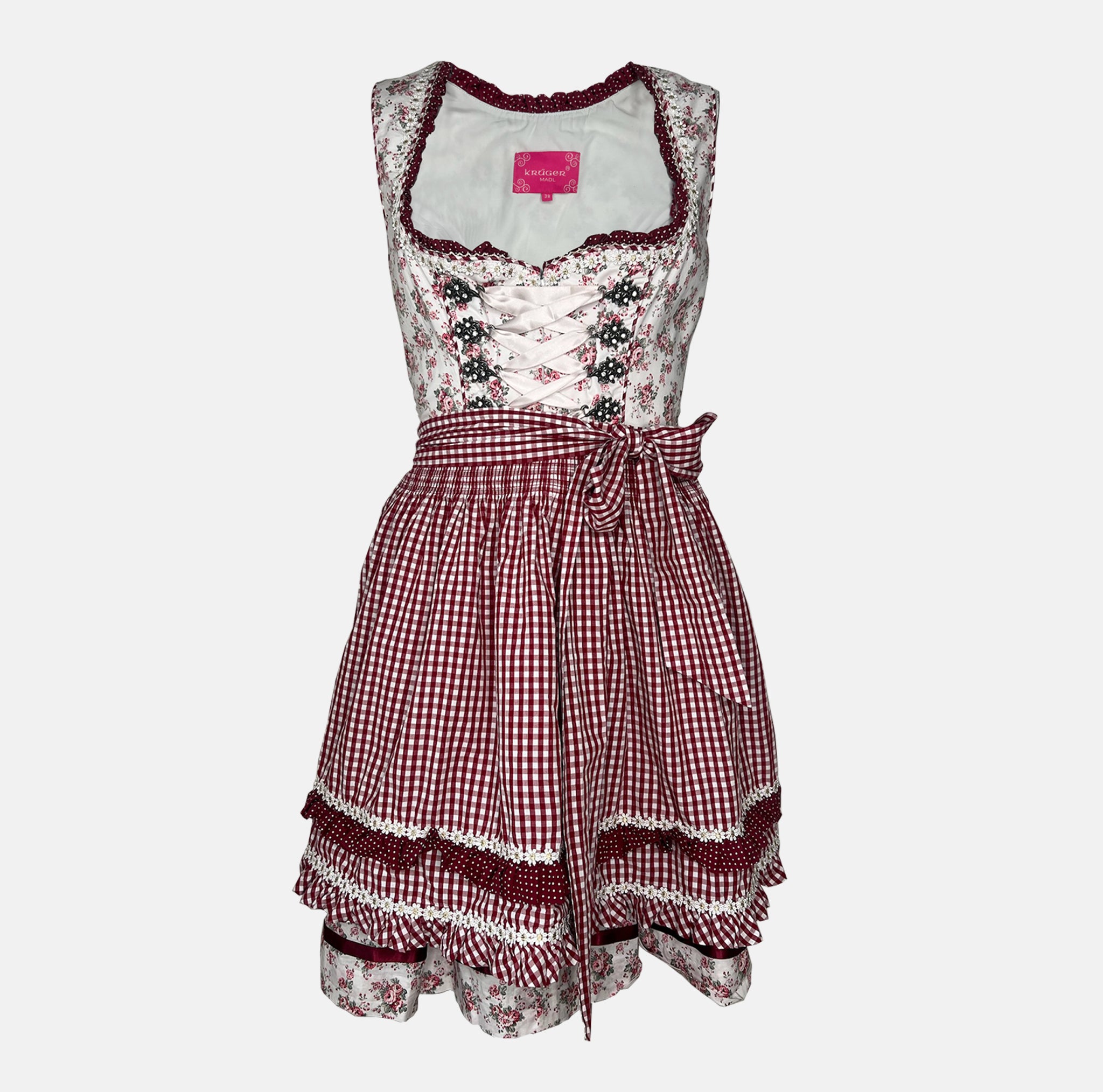 Rent floral Krüger Dirndl with red gingham apron, lace trim, and feminine details – ideal for Oktoberfest or stylish Bavarian celebrations.