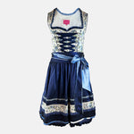 Bold blue dirndl dress with floral top and navy skirt on a white background for rent