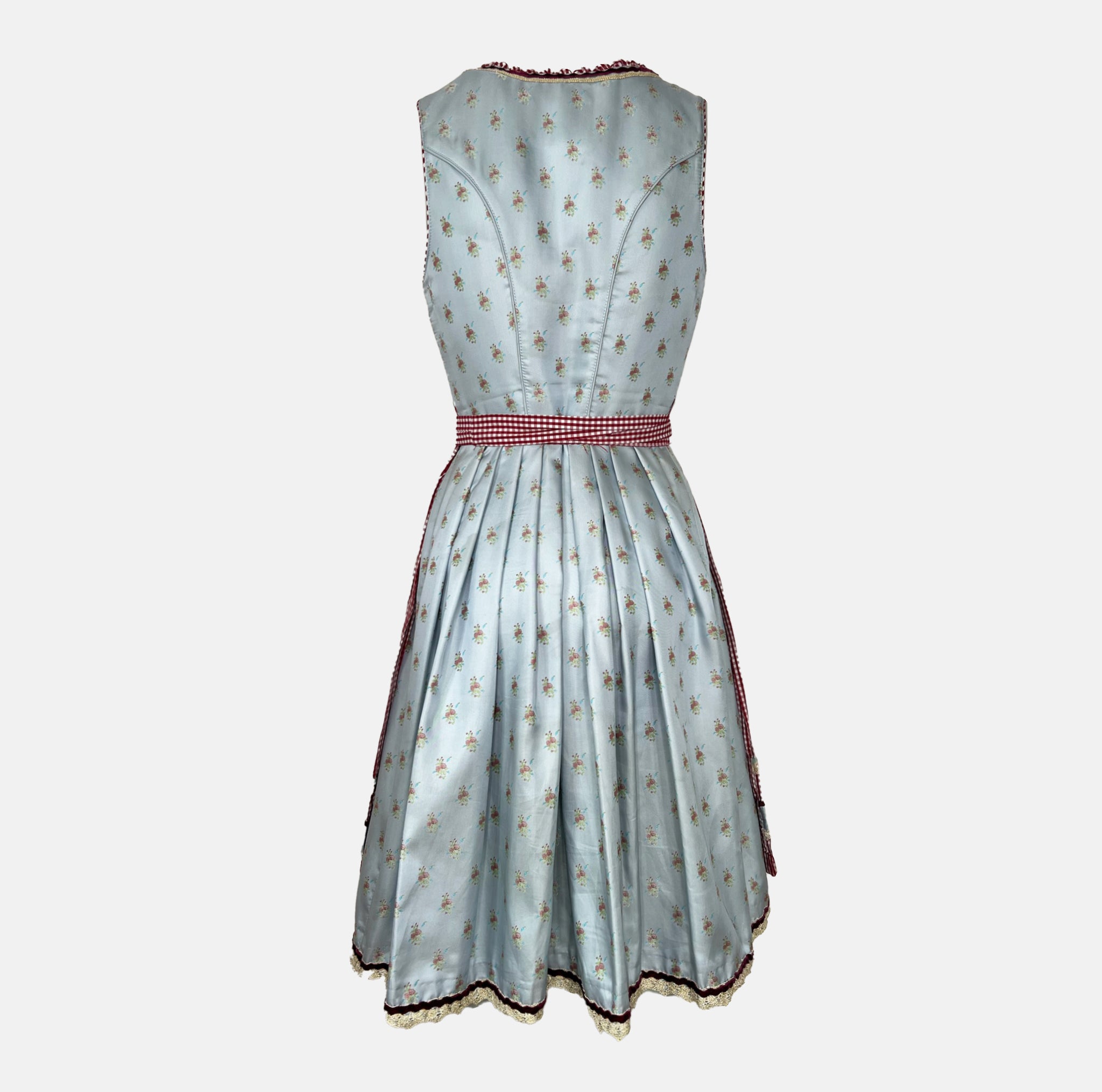 Dirndl dress by Krüger Madl featuring a light blue floral bodice, red gingham apron, and 60cm skirt with lace and ribbon accents.