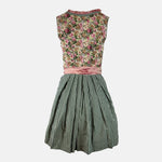 Rose-gold dirndl with floral bodice and satin apron, available for Oktoberfest rental in Munich
