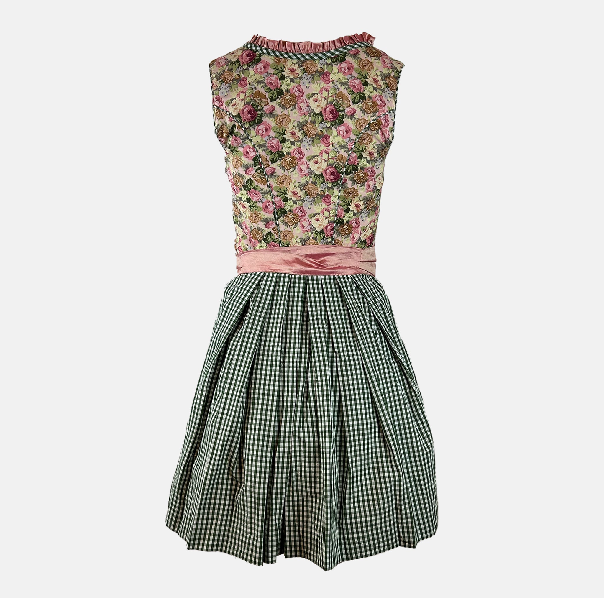 Rose-gold dirndl with floral bodice and satin apron, available for Oktoberfest rental in Munich