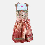 Rose-gold dirndl with floral bodice and satin apron, available for Oktoberfest rental in Munich