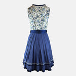 Bold blue dirndl dress with floral top and navy skirt on a white background for rent