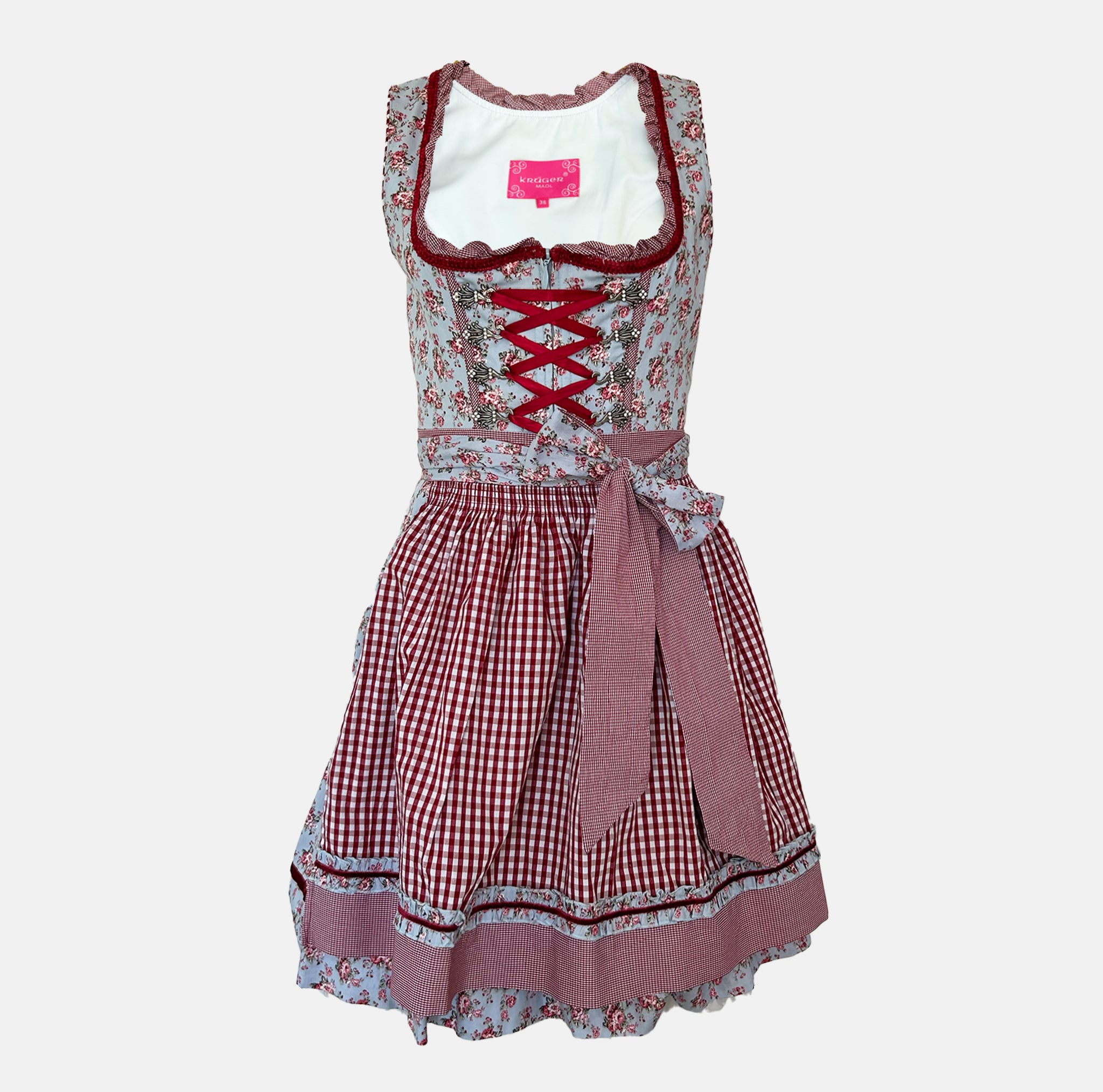 Krüger Siggi Dirndl rental via Versatile – floral blue bodice with red lacing, gingham apron, knee-length skirt; authentic Oktoberfest dress